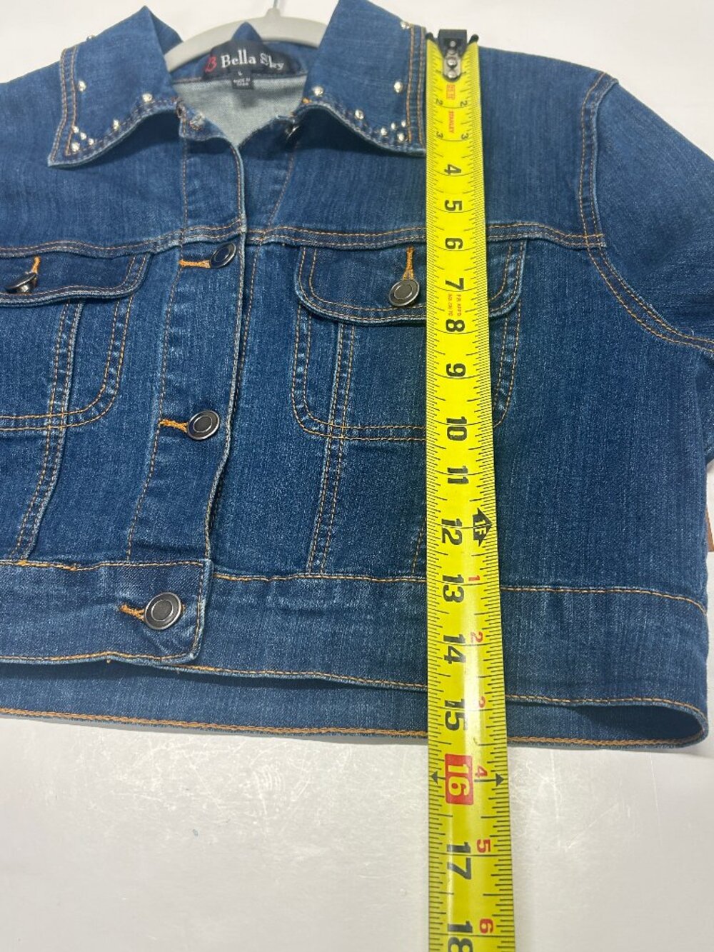 BellaSky Cropped Denim Jacket Fringe Western Studded Boho Country Concert Size L - Picture 4 of 7